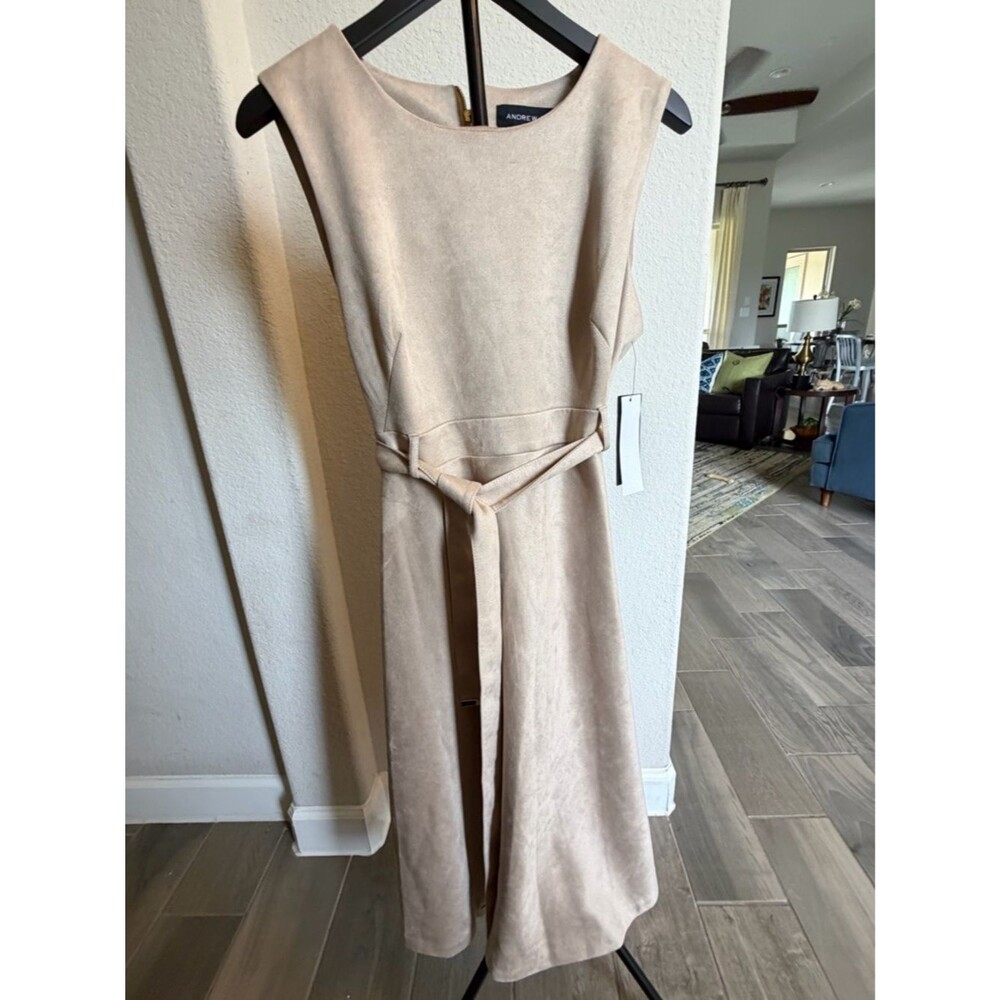 Andrew Marc Sleeveless Faux Suede Belted Midi Dress in Beige Latte  16